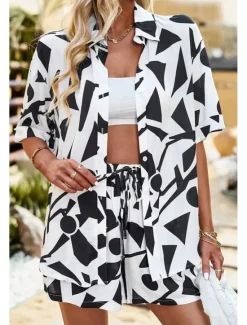 Outlet Women's Fashion Shirt Shorts Sets Short Sleeve Shirt Collar Geometric Drawstring Going out Casual Daily Black White Khaki Summer Regular Fit Women Two Piece Sets