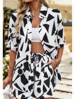 Outlet Women's Fashion Shirt Shorts Sets Short Sleeve Shirt Collar Geometric Drawstring Going out Casual Daily Black White Khaki Summer Regular Fit Women Two Piece Sets