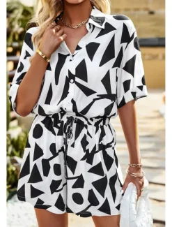 Outlet Women's Fashion Shirt Shorts Sets Short Sleeve Shirt Collar Geometric Drawstring Going out Casual Daily Black White Khaki Summer Regular Fit Women Two Piece Sets