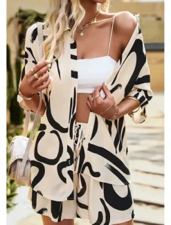 Outlet Women's Fashion Shirt Shorts Sets Short Sleeve Shirt Collar Geometric Drawstring Going out Casual Daily Black White Khaki Summer Regular Fit Women Two Piece Sets