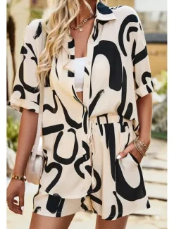 Outlet Women's Fashion Shirt Shorts Sets Short Sleeve Shirt Collar Geometric Drawstring Going out Casual Daily Black White Khaki Summer Regular Fit Women Two Piece Sets