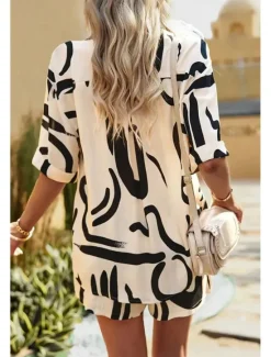 Outlet Women's Fashion Shirt Shorts Sets Short Sleeve Shirt Collar Geometric Drawstring Going out Casual Daily Black White Khaki Summer Regular Fit Women Two Piece Sets