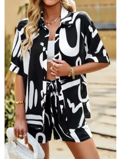 Outlet Women's Fashion Shirt Shorts Sets Short Sleeve Shirt Collar Geometric Drawstring Going out Casual Daily Black White Khaki Summer Regular Fit Women Two Piece Sets