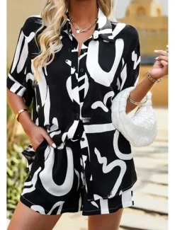 Outlet Women's Fashion Shirt Shorts Sets Short Sleeve Shirt Collar Geometric Drawstring Going out Casual Daily Black White Khaki Summer Regular Fit Women Two Piece Sets