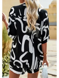 Outlet Women's Fashion Shirt Shorts Sets Short Sleeve Shirt Collar Geometric Drawstring Going out Casual Daily Black White Khaki Summer Regular Fit Women Two Piece Sets