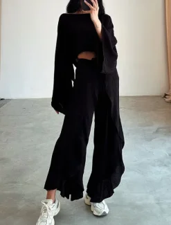 Clearance Women's Fashion Shirt Two Piece Sets Pants Sets Pants Trousers Long Sleeve Round Neck Plain Ruffle Split Holiday Weekend Black Brown Beige Spring & Summer Regular Fit Women Sets