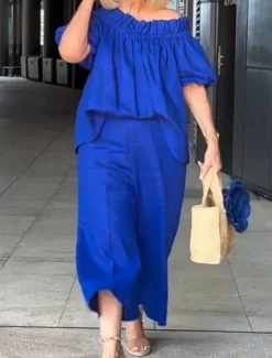 Hot Women's Fashion Streetwear Daily Shirt Linen-Inspired Sets Two Piece Sets Chinos 3/4 Length Sleeve Off Shoulder Plain Ruffle Casual Daily White Blue Fuchsia Spring & Fall Regular Fit Women Sets