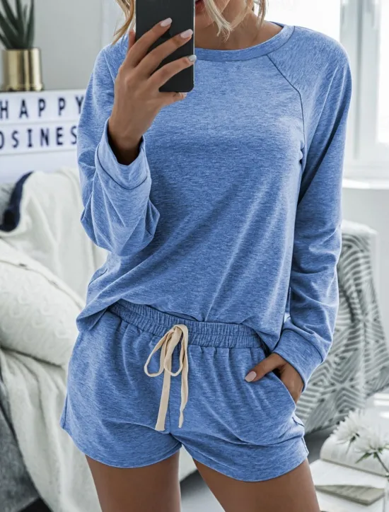 Online Women's Fashion Streetwear Daily Shorts Sets Long Sleeve Crew Neck Plain Drawstring Casual Daily Black Pink Royal Blue Summer Loose Fit Women Two Piece Sets
