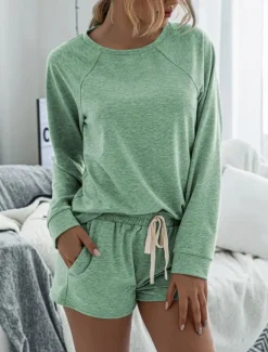 Online Women's Fashion Streetwear Daily Shorts Sets Long Sleeve Crew Neck Plain Drawstring Casual Daily Black Pink Royal Blue Summer Loose Fit Women Two Piece Sets