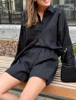 New Women's Fashion Streetwear Shirt Linen-Inspired Sets Two Piece Sets Linen Pants Baggy Shorts Long Sleeve Shirt Collar Solid Color Daily Wear Date Black Khaki Spring Regular Fit Women Sets