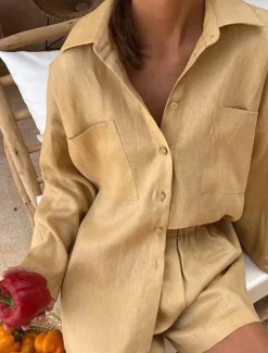 New Women's Fashion Streetwear Shirt Linen-Inspired Sets Two Piece Sets Linen Pants Baggy Shorts Long Sleeve Shirt Collar Solid Color Daily Wear Date Black Khaki Spring Regular Fit Women Sets