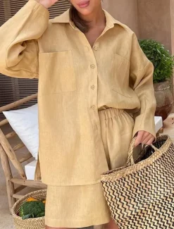 New Women's Fashion Streetwear Shirt Linen-Inspired Sets Two Piece Sets Linen Pants Baggy Shorts Long Sleeve Shirt Collar Solid Color Daily Wear Date Black Khaki Spring Regular Fit Women Sets