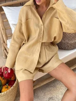 New Women's Fashion Streetwear Shirt Linen-Inspired Sets Two Piece Sets Linen Pants Baggy Shorts Long Sleeve Shirt Collar Solid Color Daily Wear Date Black Khaki Spring Regular Fit Women Sets