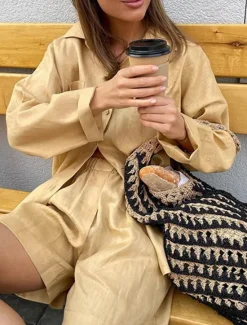 New Women's Fashion Streetwear Shirt Linen-Inspired Sets Two Piece Sets Linen Pants Baggy Shorts Long Sleeve Shirt Collar Solid Color Daily Wear Date Black Khaki Spring Regular Fit Women Sets