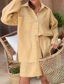 New Women's Fashion Streetwear Shirt Linen-Inspired Sets Two Piece Sets Linen Pants Baggy Shorts Long Sleeve Shirt Collar Solid Color Daily Wear Date Black Khaki Spring Regular Fit Women Sets