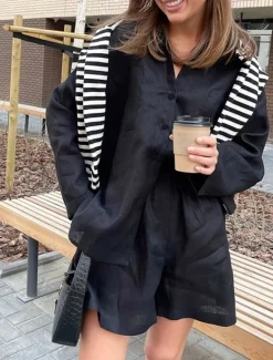 New Women's Fashion Streetwear Shirt Linen-Inspired Sets Two Piece Sets Linen Pants Baggy Shorts Long Sleeve Shirt Collar Solid Color Daily Wear Date Black Khaki Spring Regular Fit Women Sets