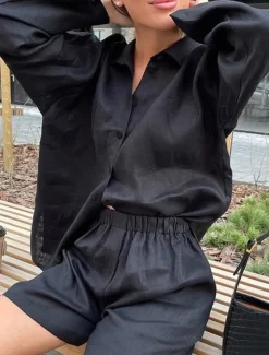 New Women's Fashion Streetwear Shirt Linen-Inspired Sets Two Piece Sets Linen Pants Baggy Shorts Long Sleeve Shirt Collar Solid Color Daily Wear Date Black Khaki Spring Regular Fit Women Sets