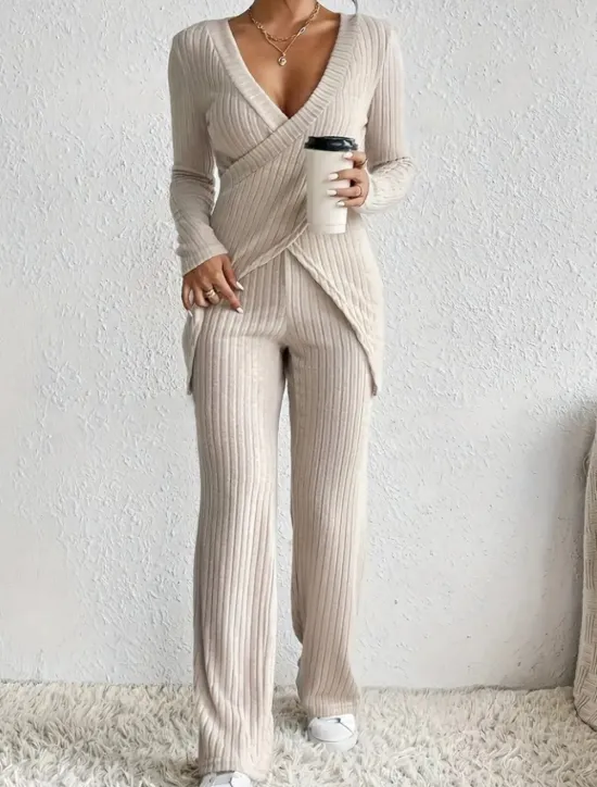 Sale Women's Fashion Streetwear Daily Pants Sets Long Sleeve V Neck Solid Color Casual Daily Black Beige Light Blue Summer Regular Fit Women Two Piece Sets