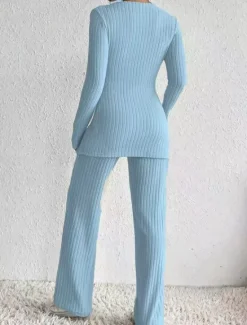 Sale Women's Fashion Streetwear Daily Pants Sets Long Sleeve V Neck Solid Color Casual Daily Black Beige Light Blue Summer Regular Fit Women Two Piece Sets
