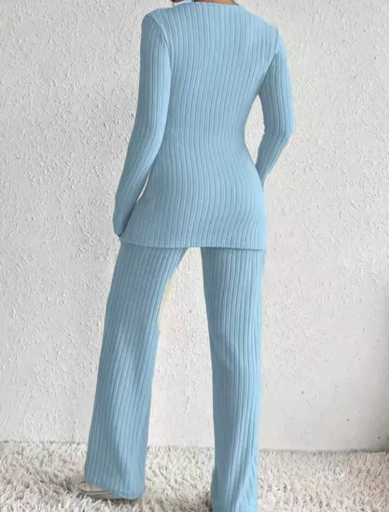 Sale Women's Fashion Streetwear Daily Pants Sets Long Sleeve V Neck Solid Color Casual Daily Black Beige Light Blue Summer Regular Fit Women Two Piece Sets