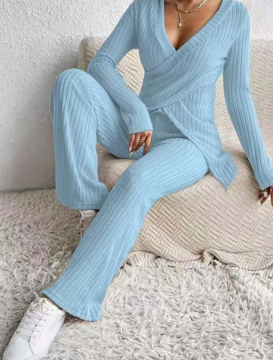 Sale Women's Fashion Streetwear Daily Pants Sets Long Sleeve V Neck Solid Color Casual Daily Black Beige Light Blue Summer Regular Fit Women Two Piece Sets