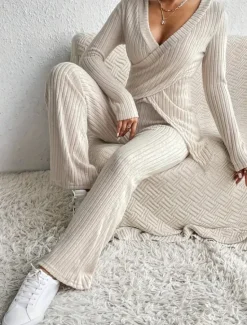 Sale Women's Fashion Streetwear Daily Pants Sets Long Sleeve V Neck Solid Color Casual Daily Black Beige Light Blue Summer Regular Fit Women Two Piece Sets