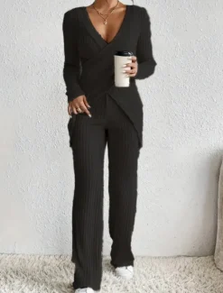 Sale Women's Fashion Streetwear Daily Pants Sets Long Sleeve V Neck Solid Color Casual Daily Black Beige Light Blue Summer Regular Fit Women Two Piece Sets