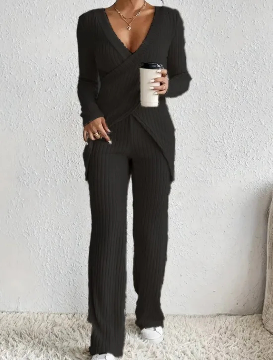Sale Women's Fashion Streetwear Daily Pants Sets Long Sleeve V Neck Solid Color Casual Daily Black Beige Light Blue Summer Regular Fit Women Two Piece Sets