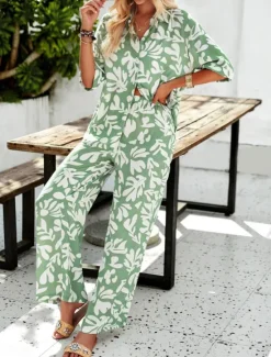 Best Women's Fashion Streetwear Daily Shirt Blouse Wide Leg Pants Half Sleeve Shirt Collar Floral Drawstring Print Casual Daily Black Green Beige Spring & Fall Regular Fit Women Two Piece Sets