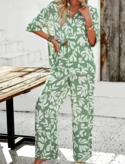 Best Women's Fashion Streetwear Daily Shirt Blouse Wide Leg Pants Half Sleeve Shirt Collar Floral Drawstring Print Casual Daily Black Green Beige Spring & Fall Regular Fit Women Two Piece Sets
