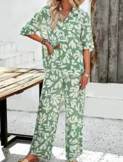 Best Women's Fashion Streetwear Daily Shirt Blouse Wide Leg Pants Half Sleeve Shirt Collar Floral Drawstring Print Casual Daily Black Green Beige Spring & Fall Regular Fit Women Two Piece Sets