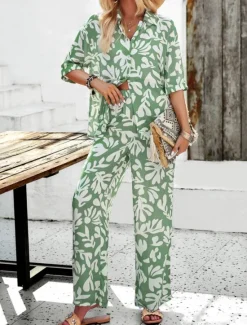 Best Women's Fashion Streetwear Daily Shirt Blouse Wide Leg Pants Half Sleeve Shirt Collar Floral Drawstring Print Casual Daily Black Green Beige Spring & Fall Regular Fit Women Two Piece Sets