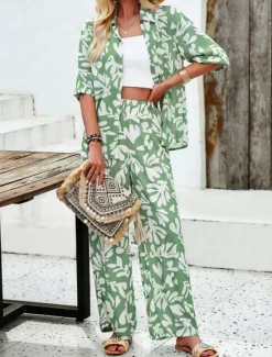 Best Women's Fashion Streetwear Daily Shirt Blouse Wide Leg Pants Half Sleeve Shirt Collar Floral Drawstring Print Casual Daily Black Green Beige Spring & Fall Regular Fit Women Two Piece Sets