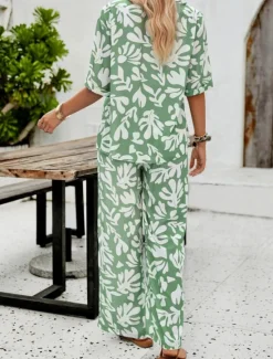 Best Women's Fashion Streetwear Daily Shirt Blouse Wide Leg Pants Half Sleeve Shirt Collar Floral Drawstring Print Casual Daily Black Green Beige Spring & Fall Regular Fit Women Two Piece Sets