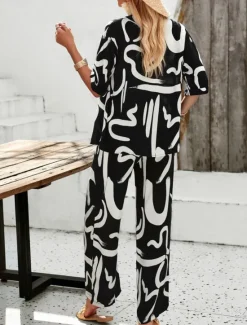Best Women's Fashion Streetwear Daily Shirt Blouse Wide Leg Pants Half Sleeve Shirt Collar Floral Drawstring Print Casual Daily Black Green Beige Spring & Fall Regular Fit Women Two Piece Sets