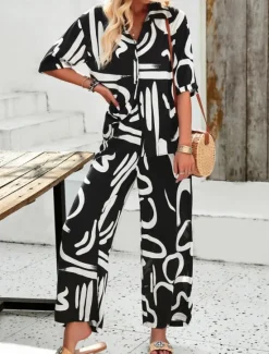 Best Women's Fashion Streetwear Daily Shirt Blouse Wide Leg Pants Half Sleeve Shirt Collar Floral Drawstring Print Casual Daily Black Green Beige Spring & Fall Regular Fit Women Two Piece Sets