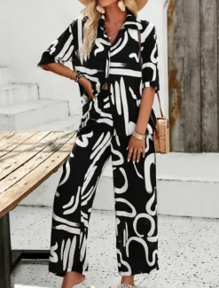 Best Women's Fashion Streetwear Daily Shirt Blouse Wide Leg Pants Half Sleeve Shirt Collar Floral Drawstring Print Casual Daily Black Green Beige Spring & Fall Regular Fit Women Two Piece Sets