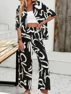 Best Women's Fashion Streetwear Daily Shirt Blouse Wide Leg Pants Half Sleeve Shirt Collar Floral Drawstring Print Casual Daily Black Green Beige Spring & Fall Regular Fit Women Two Piece Sets