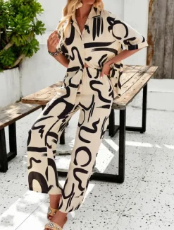 Best Women's Fashion Streetwear Daily Shirt Blouse Wide Leg Pants Half Sleeve Shirt Collar Floral Drawstring Print Casual Daily Black Green Beige Spring & Fall Regular Fit Women Two Piece Sets