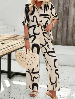 Best Women's Fashion Streetwear Daily Shirt Blouse Wide Leg Pants Half Sleeve Shirt Collar Floral Drawstring Print Casual Daily Black Green Beige Spring & Fall Regular Fit Women Two Piece Sets