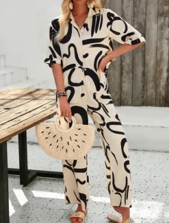 Best Women's Fashion Streetwear Daily Shirt Blouse Wide Leg Pants Half Sleeve Shirt Collar Floral Drawstring Print Casual Daily Black Green Beige Spring & Fall Regular Fit Women Two Piece Sets
