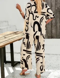 Best Women's Fashion Streetwear Daily Shirt Blouse Wide Leg Pants Half Sleeve Shirt Collar Floral Drawstring Print Casual Daily Black Green Beige Spring & Fall Regular Fit Women Two Piece Sets