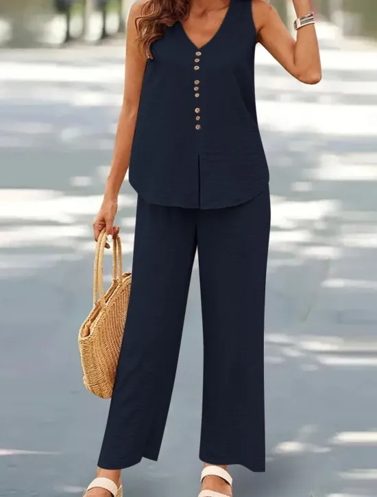 New Women's Fashion Streetwear Daily Pants Sets Sleeveless V Neck Plain Casual Daily Black Navy Blue Green Summer Loose Fit Women Two Piece Sets