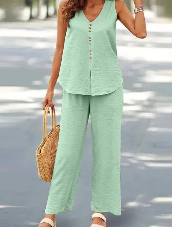 New Women's Fashion Streetwear Daily Pants Sets Sleeveless V Neck Plain Casual Daily Black Navy Blue Green Summer Loose Fit Women Two Piece Sets