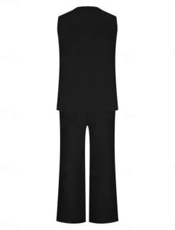 New Women's Fashion Streetwear Daily Pants Sets Sleeveless V Neck Plain Casual Daily Black Navy Blue Green Summer Loose Fit Women Two Piece Sets