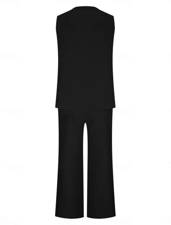 New Women's Fashion Streetwear Daily Pants Sets Sleeveless V Neck Plain Casual Daily Black Navy Blue Green Summer Loose Fit Women Two Piece Sets