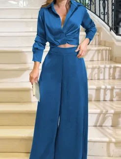 Outlet Women's Fashion Streetwear Shirt Pants Trousers Long Sleeve Shirt Collar Solid Color Ruched Formal Party Work Blue Spring Loose Fit Women Two Piece Sets