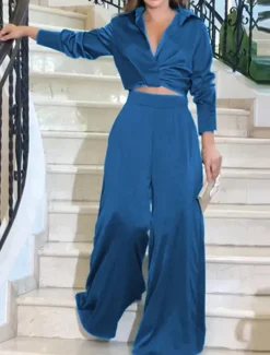 Outlet Women's Fashion Streetwear Shirt Pants Trousers Long Sleeve Shirt Collar Solid Color Ruched Formal Party Work Blue Spring Loose Fit Women Two Piece Sets