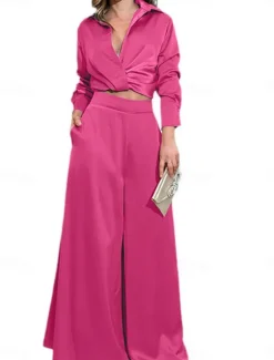 Outlet Women's Fashion Streetwear Shirt Pants Trousers Long Sleeve Shirt Collar Solid Color Ruched Formal Party Work Blue Spring Loose Fit Women Two Piece Sets