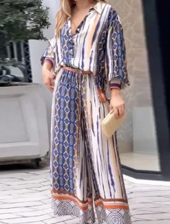 Women's Fashion Streetwear Blouse Wide Leg Pants Long Sleeve Shirt Collar Geometric Formal Party Work Fall Loose Fit Women Two Piece Sets
